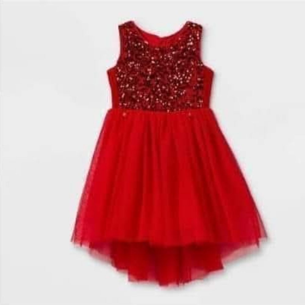 NWT Cat & Jack Girls' Sequin Tulle Sleeveless Holiday Dress - Red Size XS 4-5